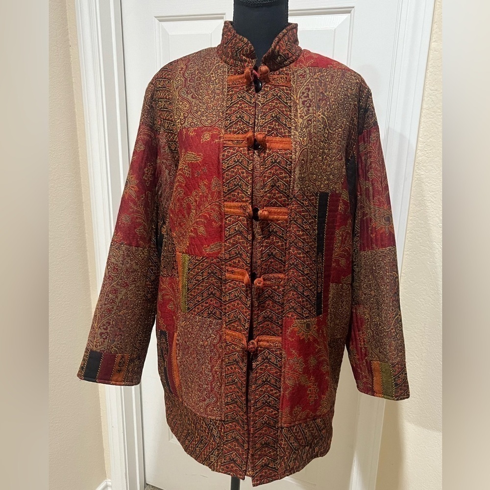 CHICO’S BOHO TAPESTRY PATCHWORK WOOL COAT, 3/4 LENGTH SIZE 1=( M—8)
